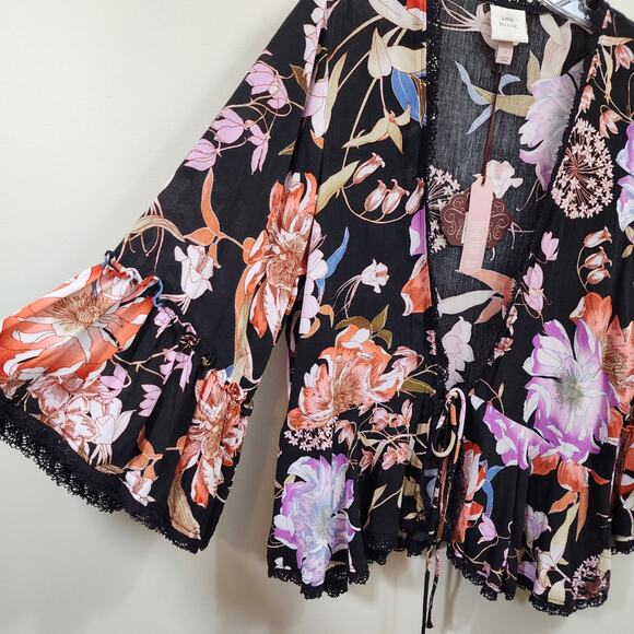 Knox Rose NWT tie front 3/4 bell sleeve floral print coverup woman's size small - Picture 10 of 13